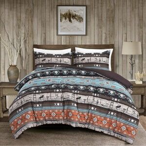 Southwestern Pattern Bedding Set - Brown, Blue, and Orange queen size 3 piece be